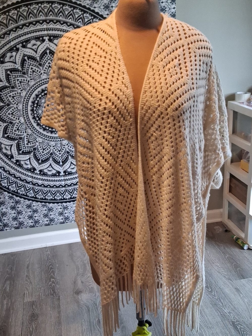just be Cream Open-Weave Fringe Poncho